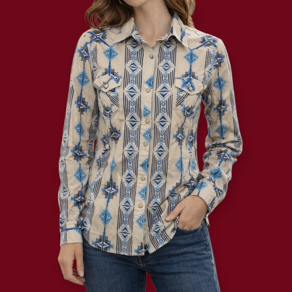 VTG PANHANDLE SLIM Icy Blue Southwestern Aztec Cowgirl Long Sleeve Snap Shirt
